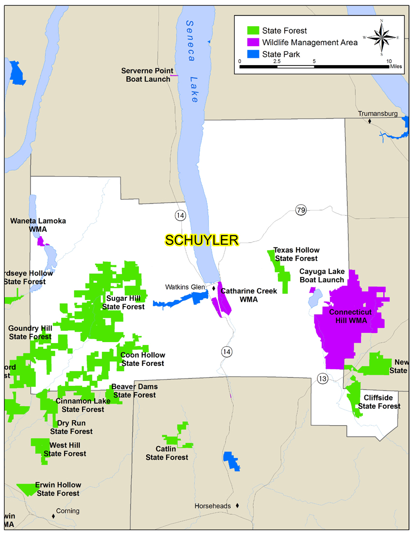 Map of Schuyler County showing State owned lands open to public recreation